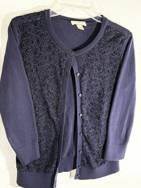 Loft Women’s Small Button Up Floral Lace Front Black 3/4 Sleeve Cardigan